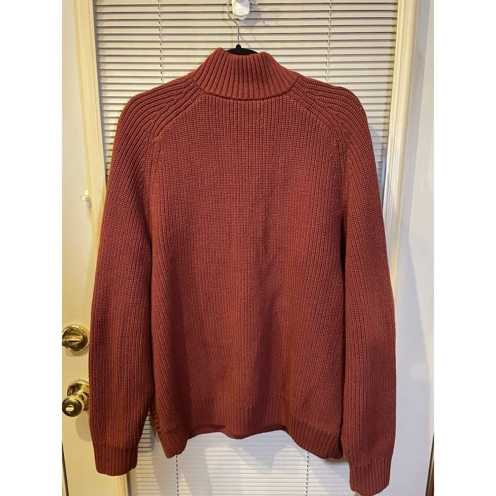 Duluth Trading Co Mens Large‎ Rust Orange Waffle Knit Mock Neck Button Sweater